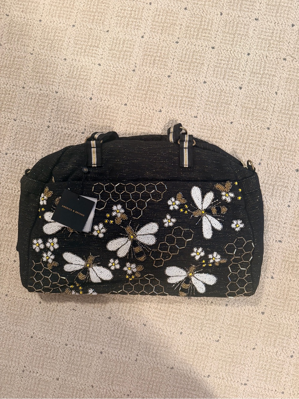 Bee Embroidered Black Tote Bag by America & Beyond